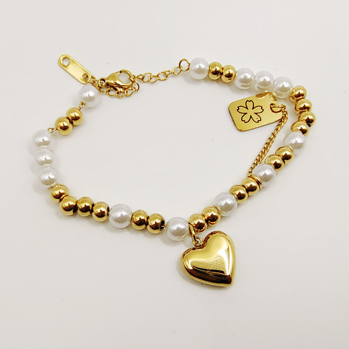 Vintage Style Color Block Heart Shape Flower Stainless Steel Plastic Beaded Bracelets