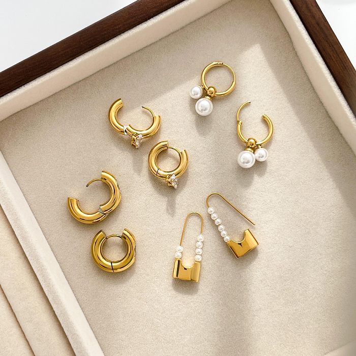 1 paire de boucles d'oreilles pendantes en acier inoxydable, Style Simple, incrustation de couleur unie, perle en Zircon
