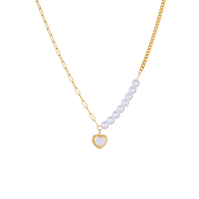 Collier avec pendentif en forme de cœur, perle artificielle, incrustation en acier inoxydable, plaqué or 18 carats, papillon