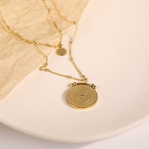 Casual Retro Round Stainless Steel  Plating Inlay Zircon 18K Gold Plated Layered Necklaces