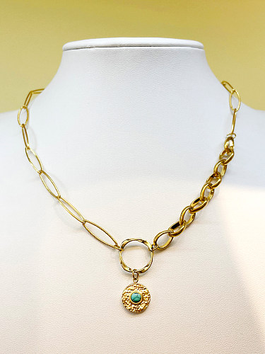 Casual estilo romano redondo chapeamento de aço inoxidável incrustação turquesa 14k banhado a ouro pingente colar longo