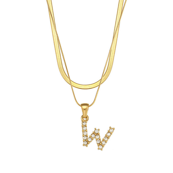 Fashion 18K Gold Plated Double-Layer Chain Zircon Letter Stainless Steel  Necklace