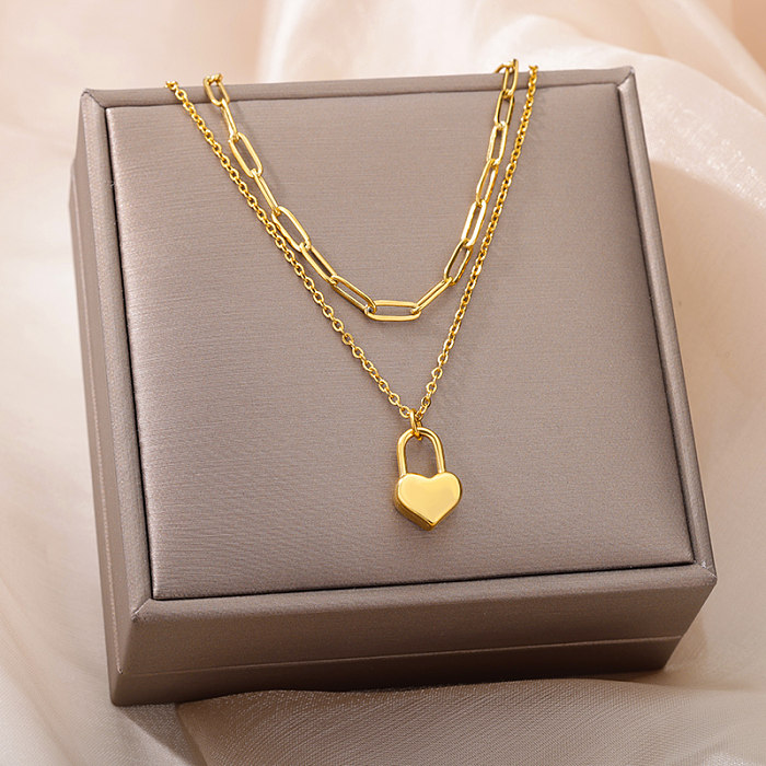 Simple Style Heart Shape Stainless Steel  Chain 18K Gold Plated Double Layer Necklaces