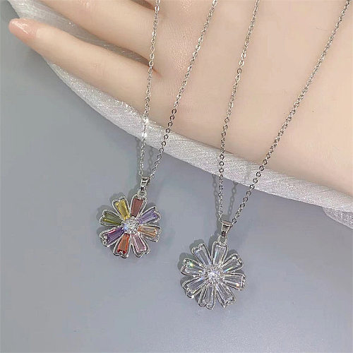 Sweet Simple Style Flower Stainless Steel Plating Inlay Zircon Pendant Necklace