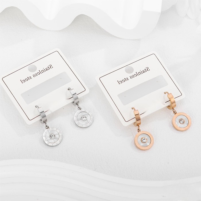1 Pair Vintage Style Classic Style Roman Numeral Plating Inlay Stainless Steel  Rhinestones Shell Rose Gold Plated Silver Plated Drop Earrings