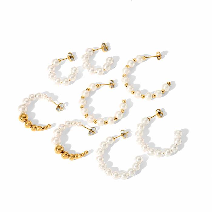 1 Pair Lady C Shape Beaded Inlay Stainless Steel  Artificial Pearls 18K Gold Plated Earrings