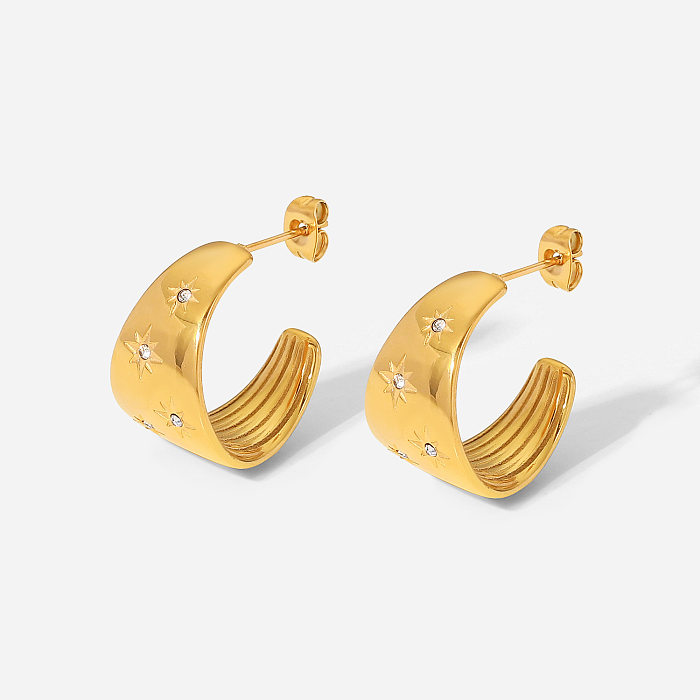 New Style Stainless Steel  18K Gold Plated Large Curved Inlaid Zirconium C-Shaped Earrings