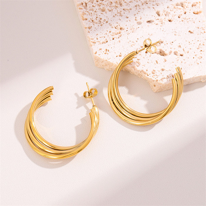 Korean Style Fashionable Design Three-Ring Overlapping Stainless Steel  Eardrop Earrings Simple Trendy Three-Line Twisted C- Shaped N Ear Studs Earrings For Women