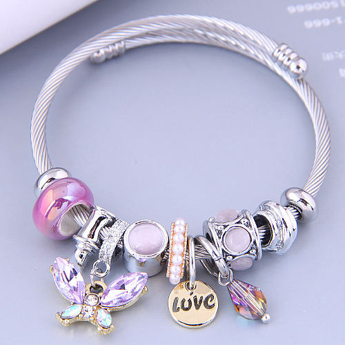 Cute Animal Letter Stainless Steel Plating Inlay Opal Cuff Bracelets