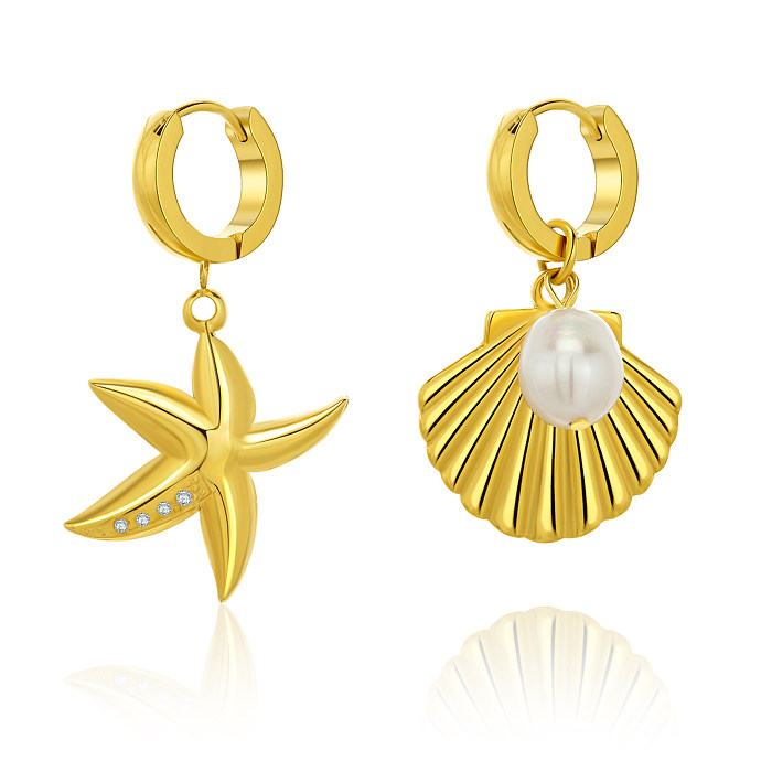 1 Pair Vacation Starfish Shell Plating Inlay Stainless Steel  Imitation Pearl Zircon Gold Plated Drop Earrings
