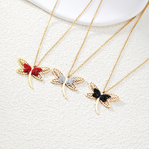 Modern Style Korean Style Dragonfly Stainless Steel  Plating Hollow Out Inlay Rhinestones Glass 18K Gold Plated Pendant Necklace