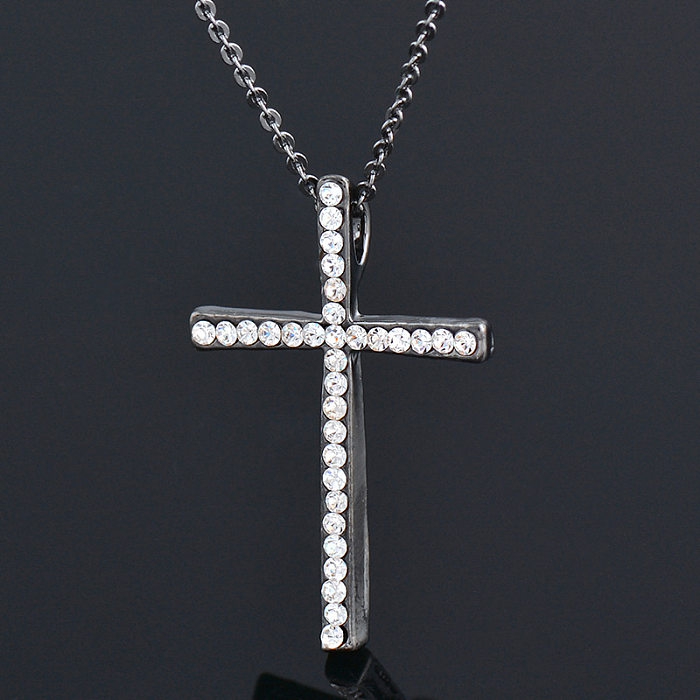 Collier avec pendentif en forme de croix, plaqué acier inoxydable, incrustation de strass, 1 pièce