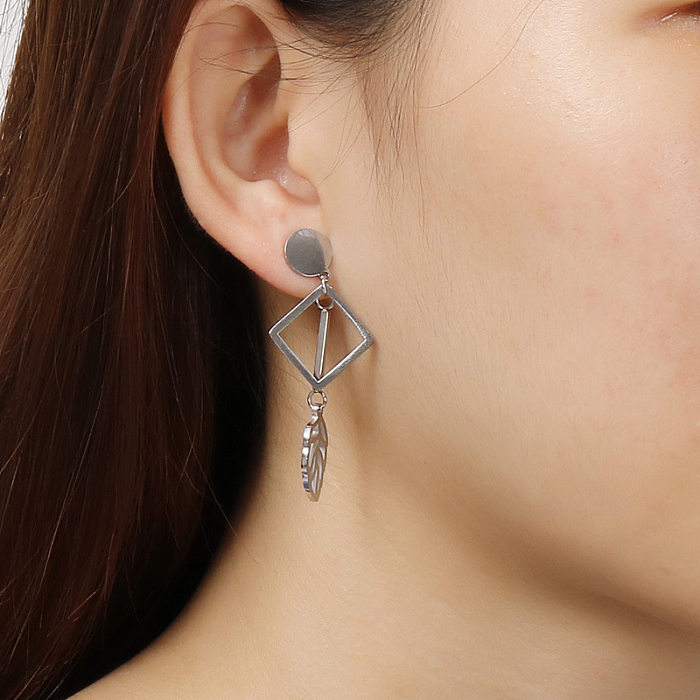 Boucles d'oreilles pendantes en forme de diamant, longues feuilles, en acier inoxydable, vente en gros