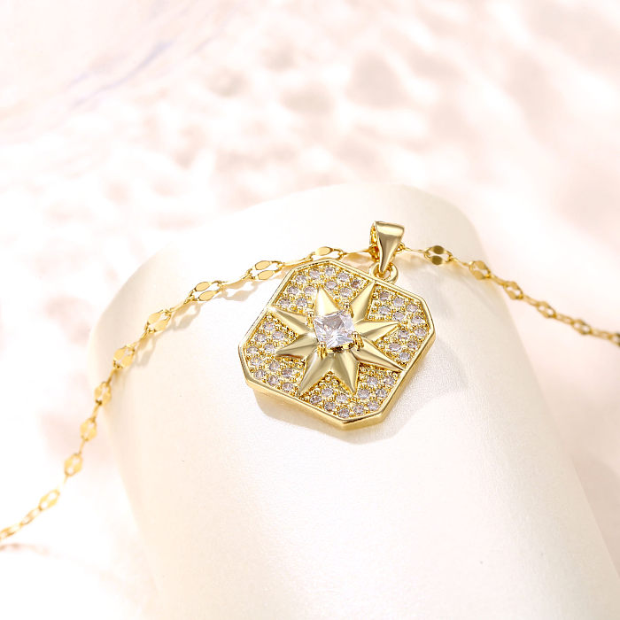 Halskette mit glänzendem Stern-Anhänger aus Edelstahl mit Intarsien-Zirkon und 18-Karat-Vergoldung