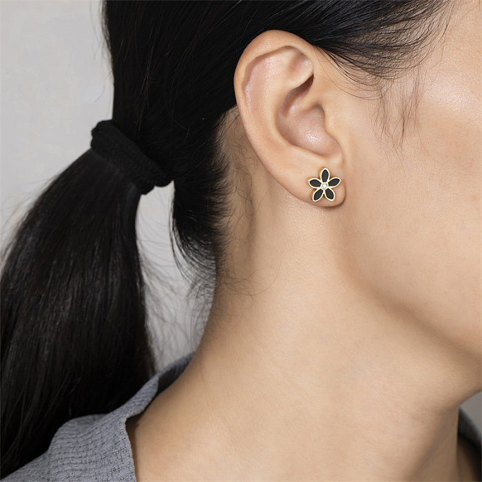 1 Pair Casual Cute Simple Style Flower Plating Inlay Stainless Steel  Zircon 14K Gold Plated Ear Studs