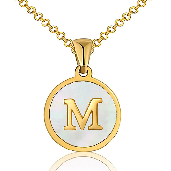 Fashion Round Letter Stainless Steel Inlaid Shell Pendant Necklace