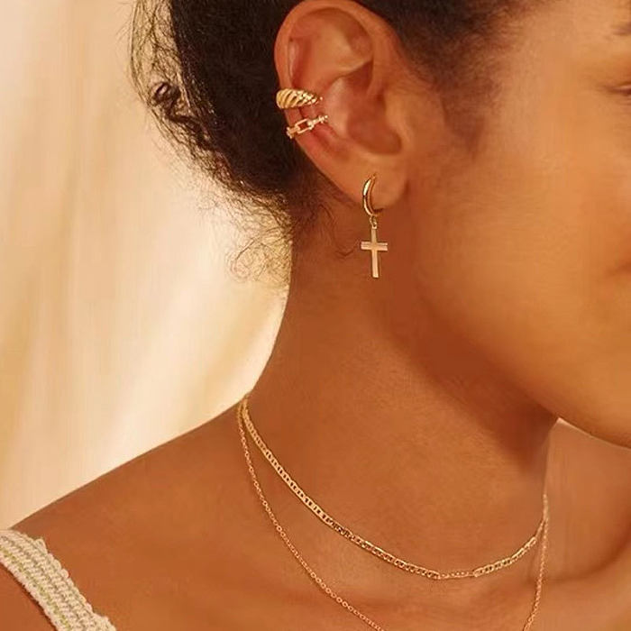 Boucles d'oreilles pendantes plaquées en acier inoxydable, croix à la mode, 1 paire