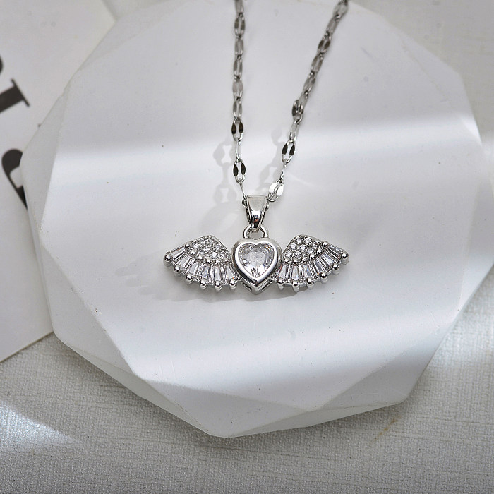 Sweet Wings Bow Knot Stainless Steel Copper Inlay Zircon Pendant Necklace