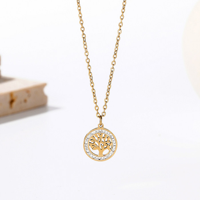 Simple Style Tree Stainless Steel  Plating Inlay Rhinestones 14K Gold Plated Pendant Necklace