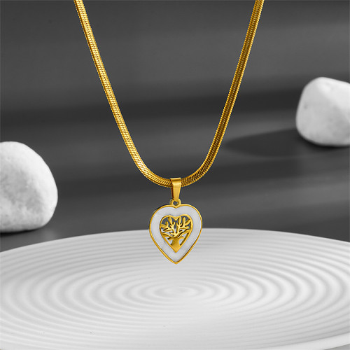 Elegante árvore em formato de coração em aço inoxidável oco zircão colar com pingente banhado a ouro