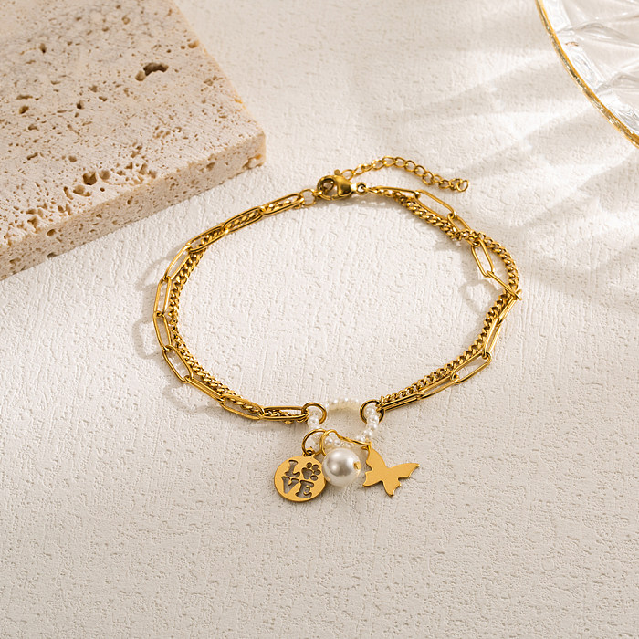 Modern Style Devil'S Eye Butterfly Stainless Steel Imitation Pearl Layered Gold Plated Bracelets