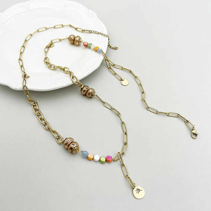 Lässige, runde Halskette aus Edelstahl mit Perlen und Polierbeschichtung, vergoldet, lange Halskette