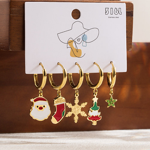 1 Set Cute Romantic Santa Claus Cattle Snowman Enamel Plating Inlay Stainless Steel  Zircon 14K Gold Plated Drop Earrings
