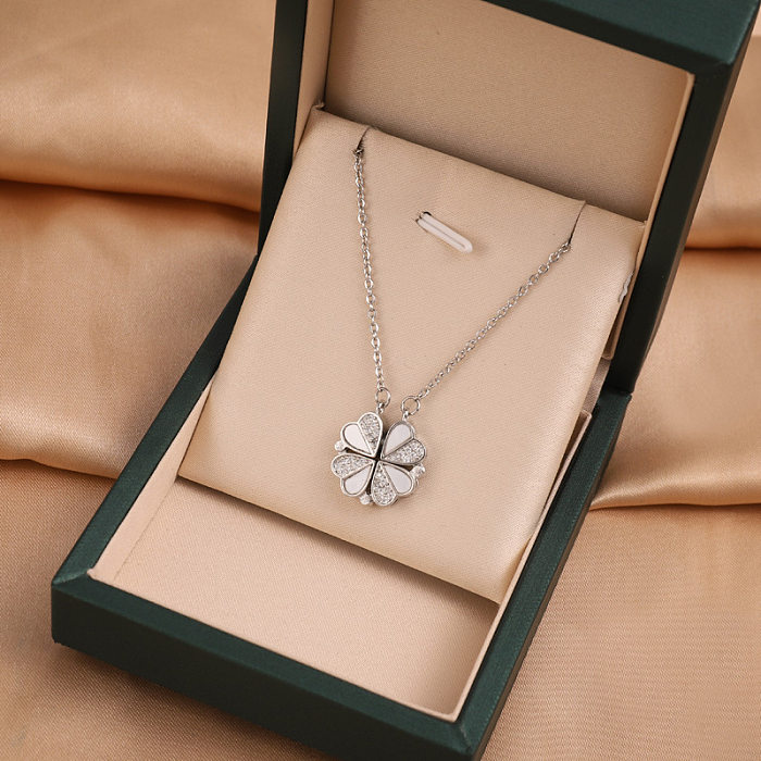 Fashion Four Leaf Clover Stainless Steel Inlay Rhinestones Shell Pendant Necklace