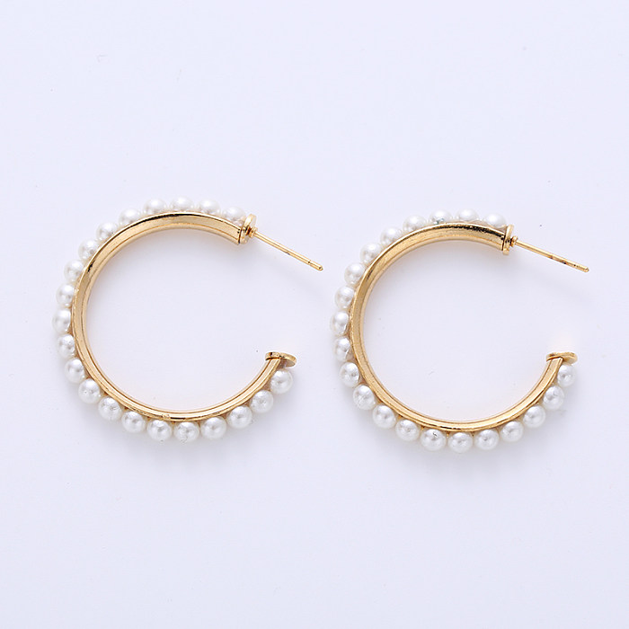 1 Pair Fashion Round Stainless Steel  Inlay Pearl Earrings