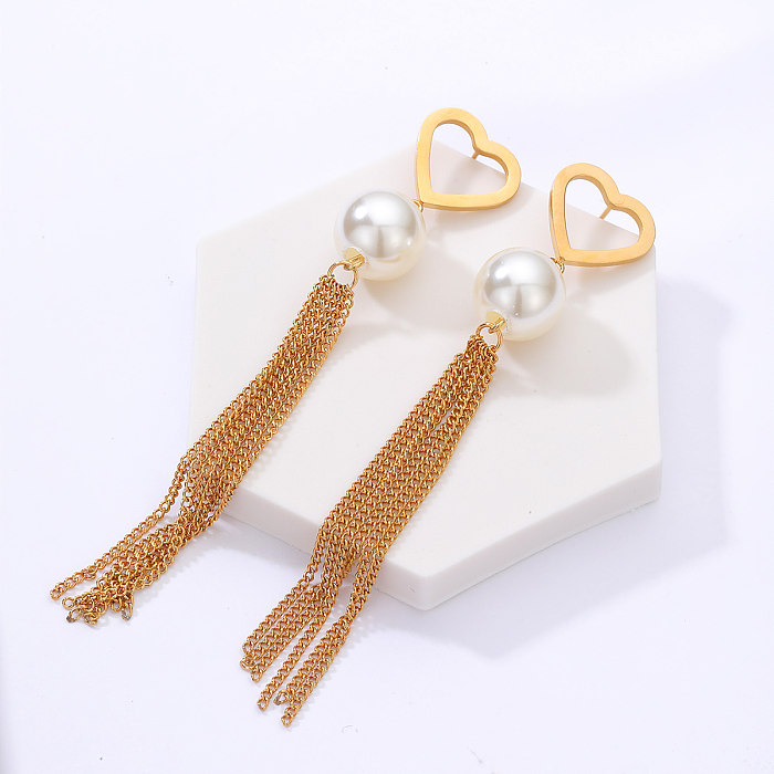 Mode-Edelstahl-Galvanik-18-Karat-Gold-Herz-Perlen-Quasten-lange Ohrringe