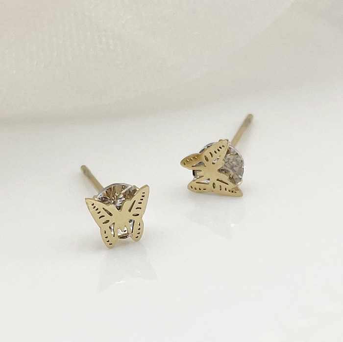 1 paire de clous d'oreilles plaqués or 14 carats, avec incrustation de papillon mignon et en acier inoxydable, Zircon