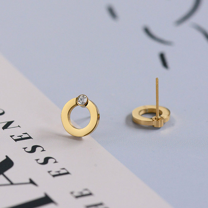 Simple Style Round Stainless Steel Plating Inlay Artificial Diamond Ear Studs 1 Pair