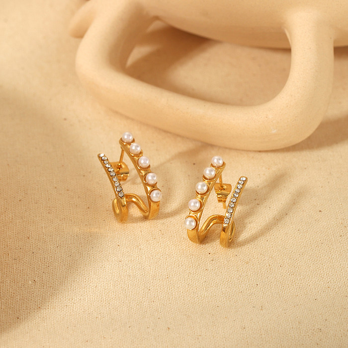 Boucles d'oreilles en acier inoxydable, 1 paire, Style Simple, incrustation de couleur unie, perles artificielles, Zircon plaqué or 18 carats