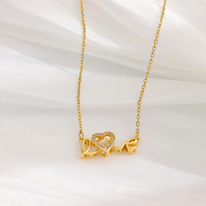 Süße Liebes-Herzform-Edelstahlbeschichtung mit ausgehöhltem Zirkon-Inlay und 18-Karat-vergoldeter Halskette