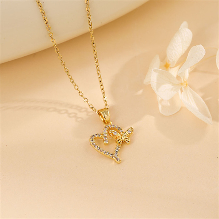 Simple Style Heart Shape Stainless Steel  Stainless Steel Plating Zircon 18K Gold Plated Necklace