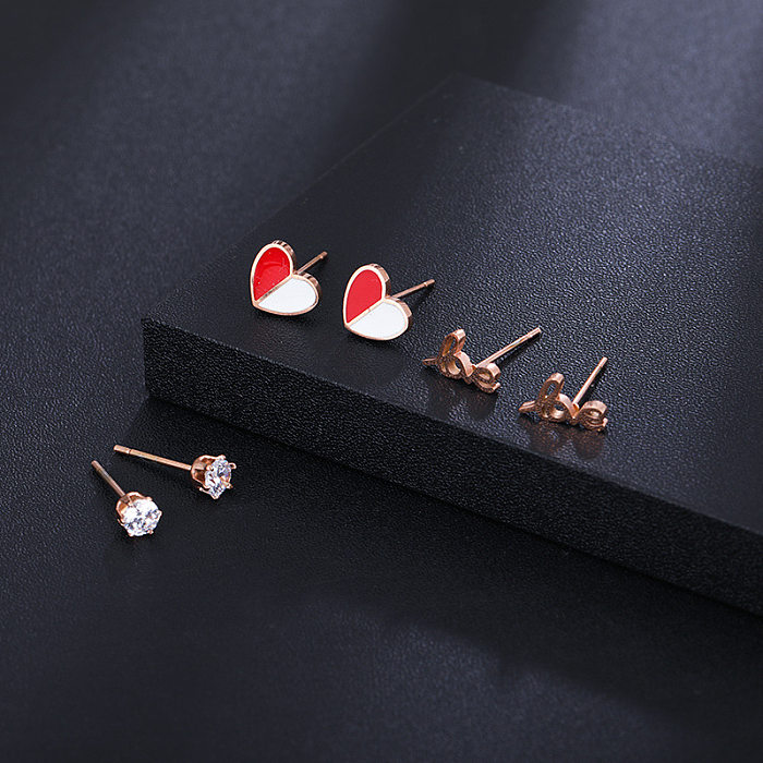 Fashion Heart Shape Butterfly Bow Knot Stainless Steel Inlay Rhinestones Ear Studs 3 Pairs