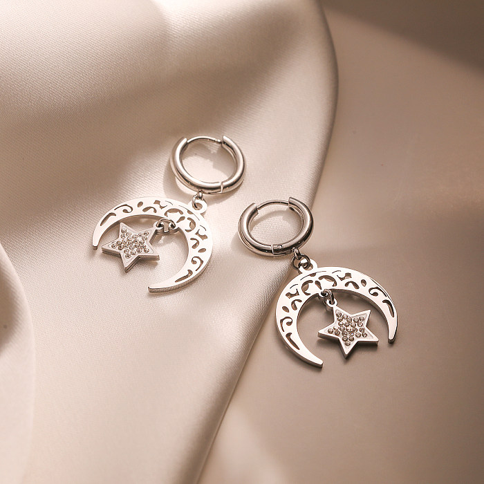 1 paire de boucles d'oreilles pendantes en acier inoxydable et Zircon plaqué or 18 carats, Style Simple, étoile, lune, incrustation