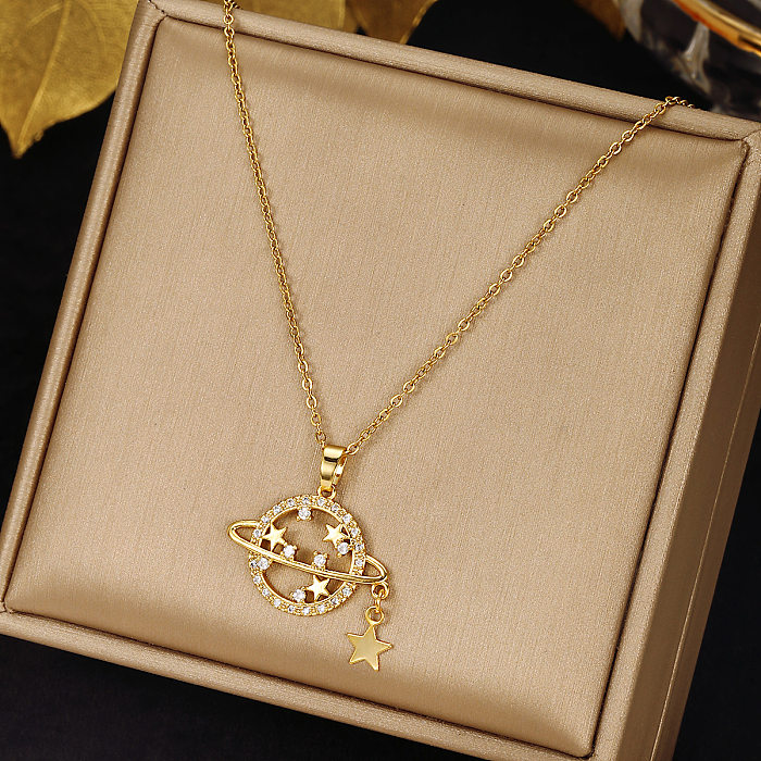 Elegant Simple Style Leaf Four Leaf Clover Insect Stainless Steel  Plating Inlay Zircon Pendant Necklace