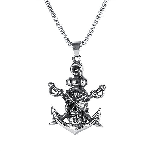 Retro Halloween Sword Pirate Stainless Steel Skull Anchor Necklace