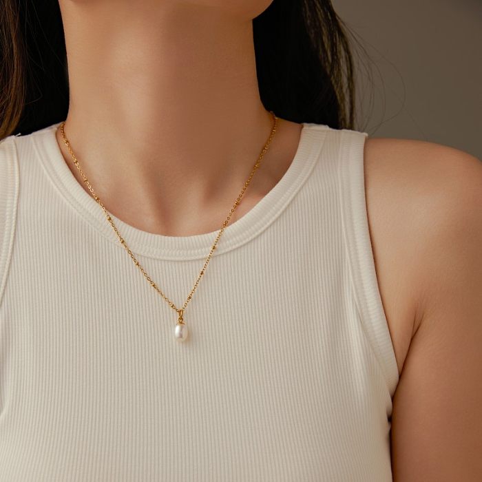 Simple Style Round Stainless Steel  Imitation Pearl Polishing Plating Gold Plated Necklace