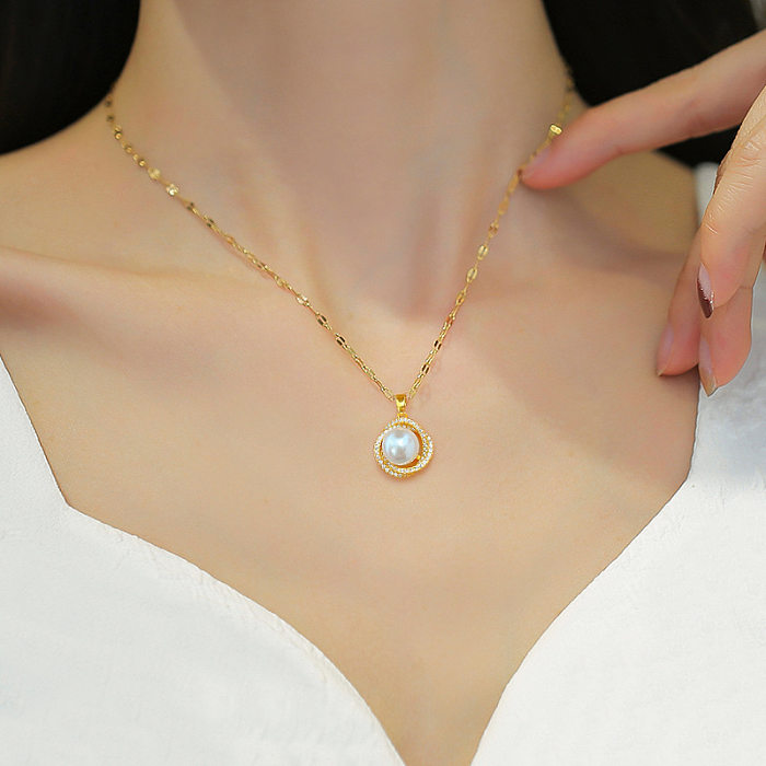 Simple Style Round Stainless Steel Copper Inlay Artificial Diamond Pendant Necklace