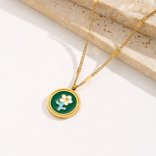 Wholesale Korean Style Flower Stainless Steel  14K Gold Plated Resin Pendant Necklace