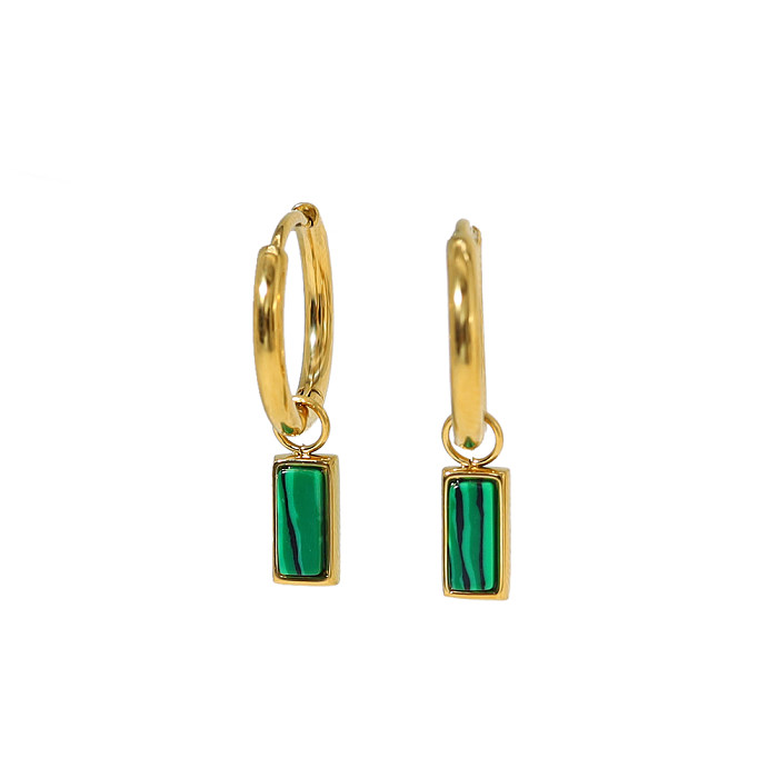 1 paire de boucles d'oreilles pendantes plaquées or 18 carats avec incrustation rectangulaire de style français en acier inoxydable et zircon turquoise