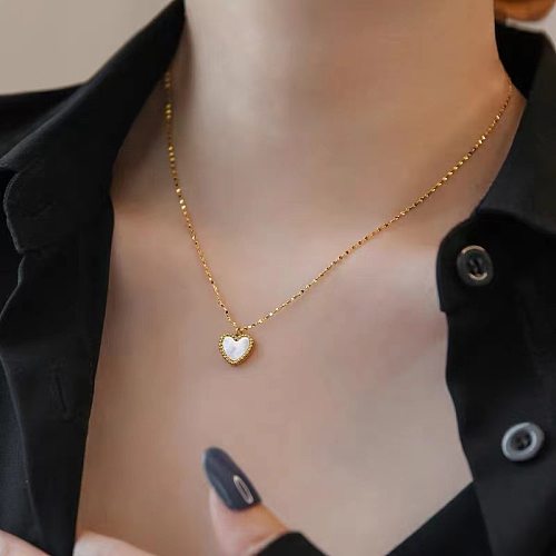 Fashion Heart Shape Stainless Steel  Plating Inlay Shell Pendant Necklace 1 Piece