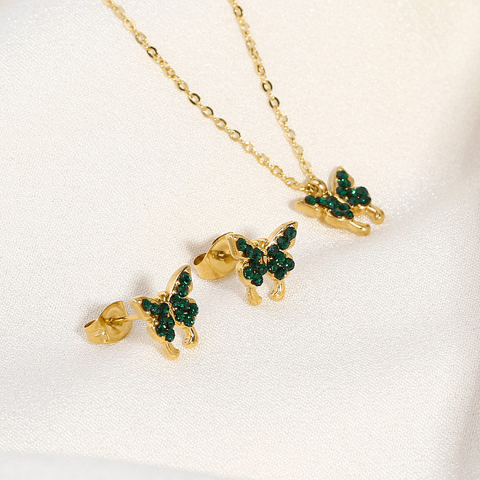 Romantische, schlichte Halskette mit Schmetterlings-Anhänger, Edelstahl-Beschichtung, Intarsien, künstlicher Diamant, 18 Karat vergoldet