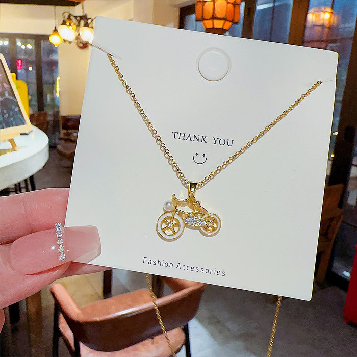 Cute Novelty Bicycle Stainless Steel Plating Inlay Artificial Pearls Zircon Gold Plated Pendant Necklace