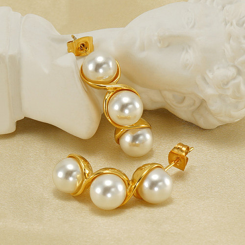 1 par de pendientes chapados en oro de 18 quilates con incrustaciones de acero inoxidable y perlas de estilo vintage