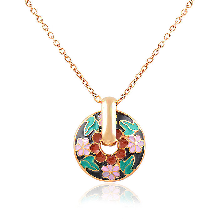 Ethnic Style Flower Stainless Steel Enamel Pendant Necklace 1 Piece