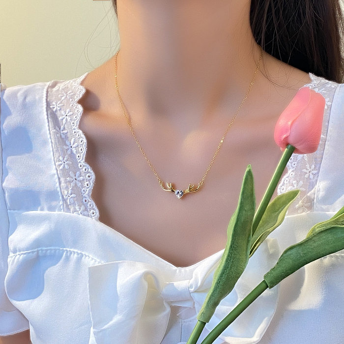 IG Style Simple Style Heart Shape Antlers Stainless Steel Copper Plating Inlay Zircon Necklace