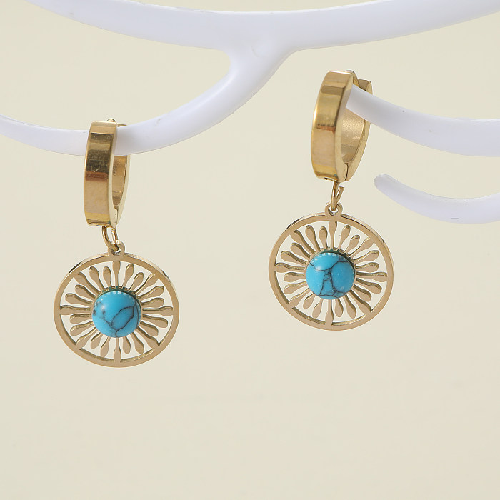 1 paire de boucles d'oreilles pendantes en acier inoxydable, Style Vintage, incrustation de blocs de couleurs circulaires, Turquoise